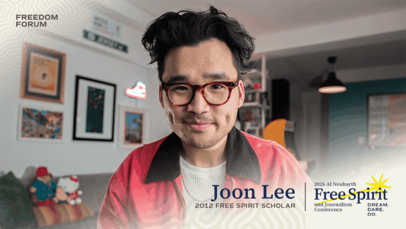 A headshot of Joon Lee wearing glasses, with his name and the name of the Al Neuharth Free Spirit and Journalism Conference overlaid
